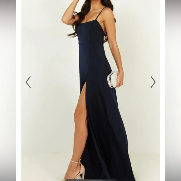 NWT SHOWPO. WILL IT BE US MIDI DRESS - THIGH SPLIT‎ CROSS BACK DRESS NAVY SIZE 8 - Picture 3 of 10